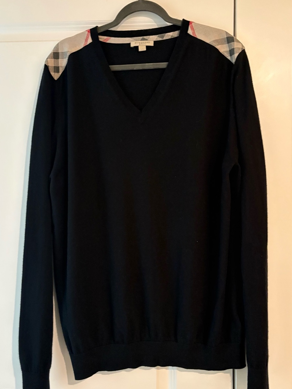 Burberry Black V-Neck Sweater with Signature Check Shoulder